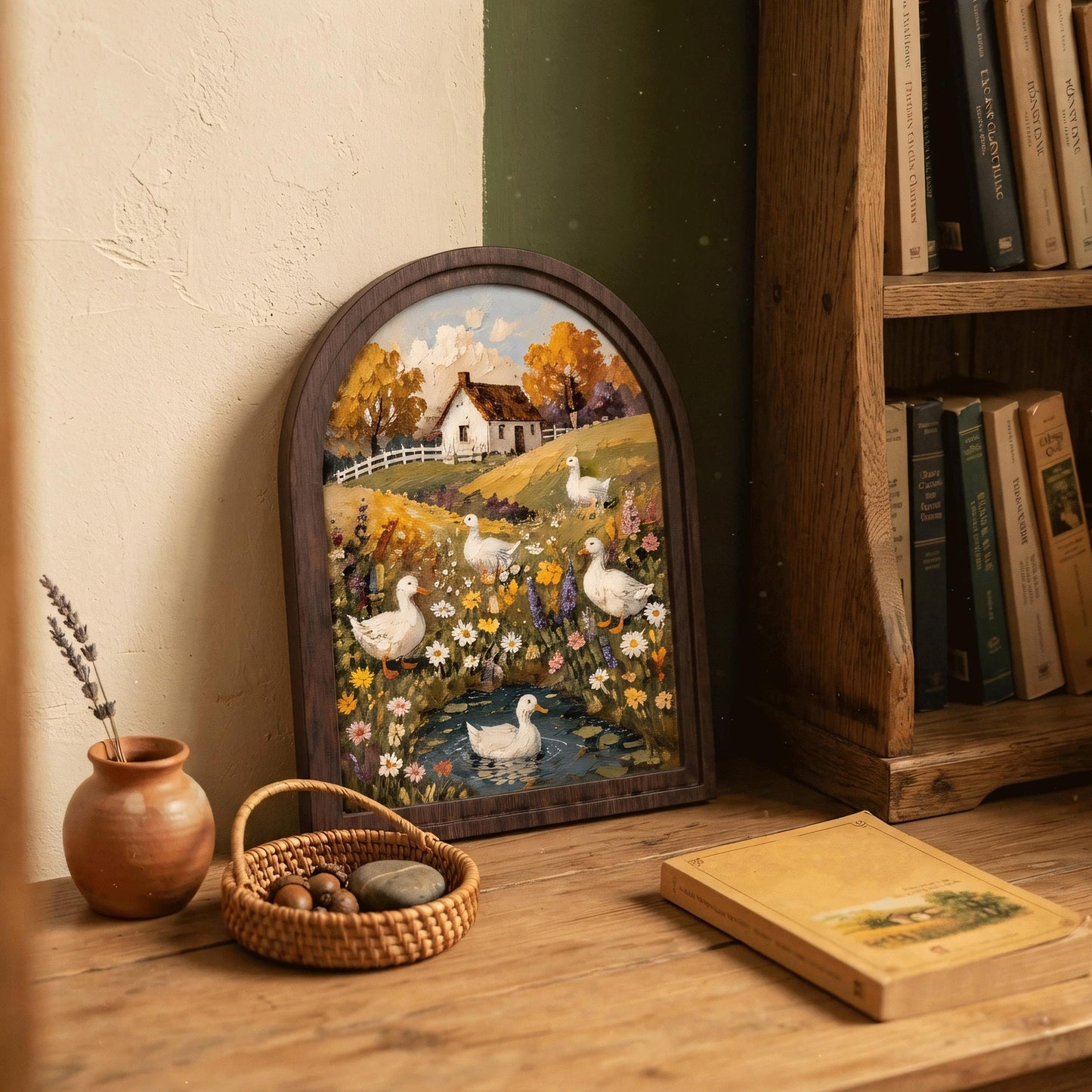 Duck Cottage Wall Art, Whimsical Farmhouse Landscape Painting, Arched Wood Frame, Country Home Decor, Cottagecore Nature Gift - Image 4