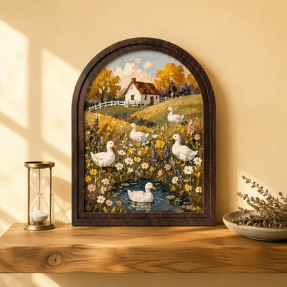 Duck Cottage Wall Art, Whimsical Farmhouse Landscape Painting, Arched Wood Frame, Country Home Decor, Cottagecore Nature Gift - Image 3