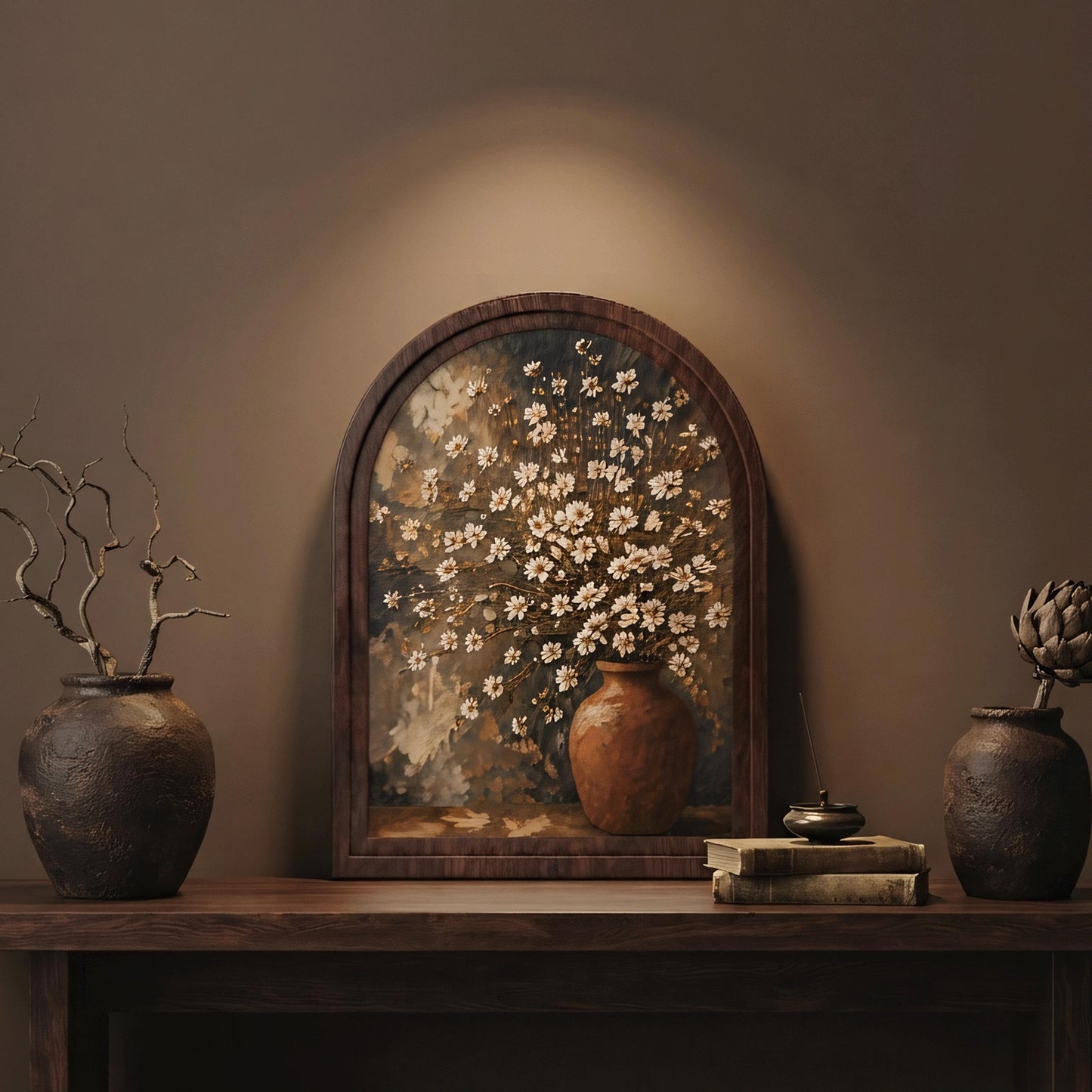 Rustic Floral Vase Wall Art, White Wildflower Still Life Painting, Arched Wood Frame, Farmhouse Home Decor, Vintage Botanical Gift - Image 5