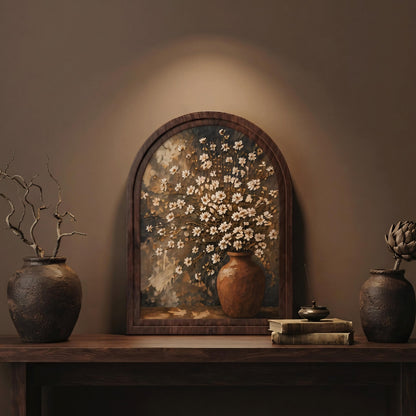 Rustic Floral Vase Wall Art, White Wildflower Still Life Painting, Arched Wood Frame, Farmhouse Home Decor, Vintage Botanical Gift - Image 5