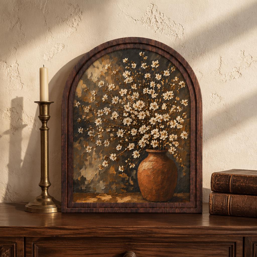 Rustic Floral Vase Wall Art, White Wildflower Still Life Painting, Arched Wood Frame, Farmhouse Home Decor, Vintage Botanical Gift - Image 1
