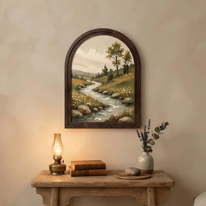 Peaceful River Landscape Wall Art, Arched Wood Framed, Rustic Countryside Painting, Serene Nature Wall Decor, Farmhouse Wall Hanging - Image 6