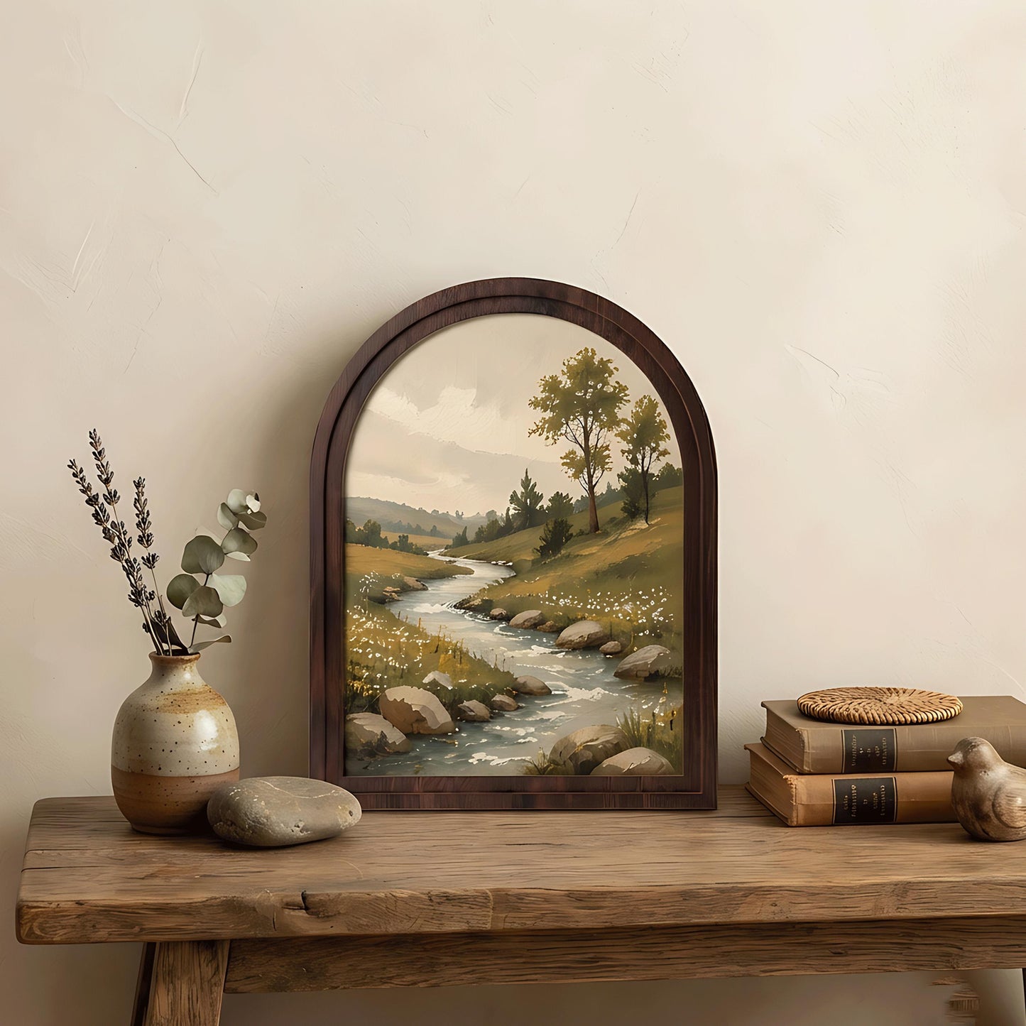 Peaceful River Landscape Wall Art, Arched Wood Framed, Rustic Countryside Painting, Serene Nature Wall Decor, Farmhouse Wall Hanging - Image 7