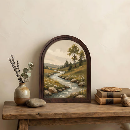 Peaceful River Landscape Wall Art, Arched Wood Framed, Rustic Countryside Painting, Serene Nature Wall Decor, Farmhouse Wall Hanging - Image 7