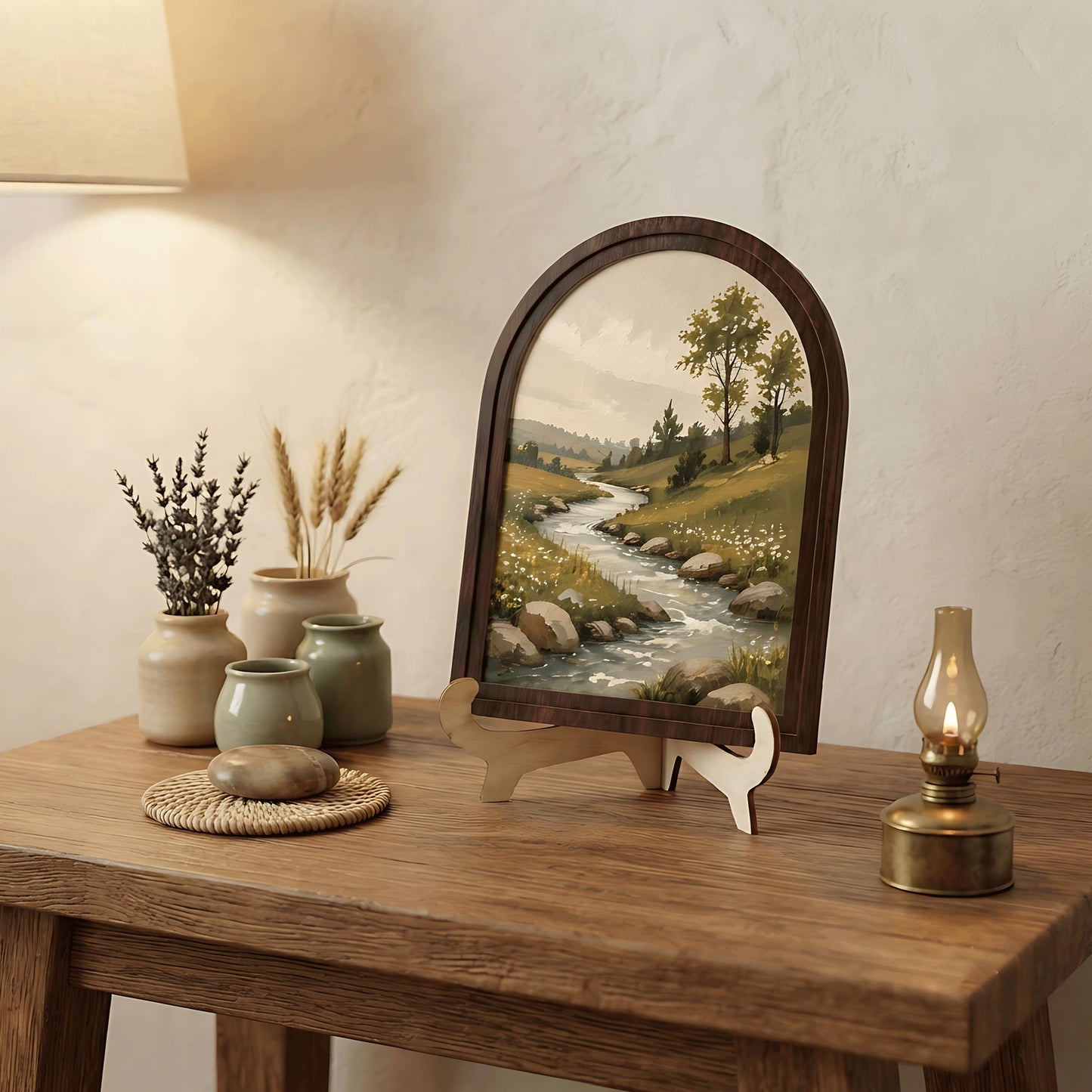 Peaceful River Landscape Wall Art, Arched Wood Framed, Rustic Countryside Painting, Serene Nature Wall Decor, Farmhouse Wall Hanging - Image 8