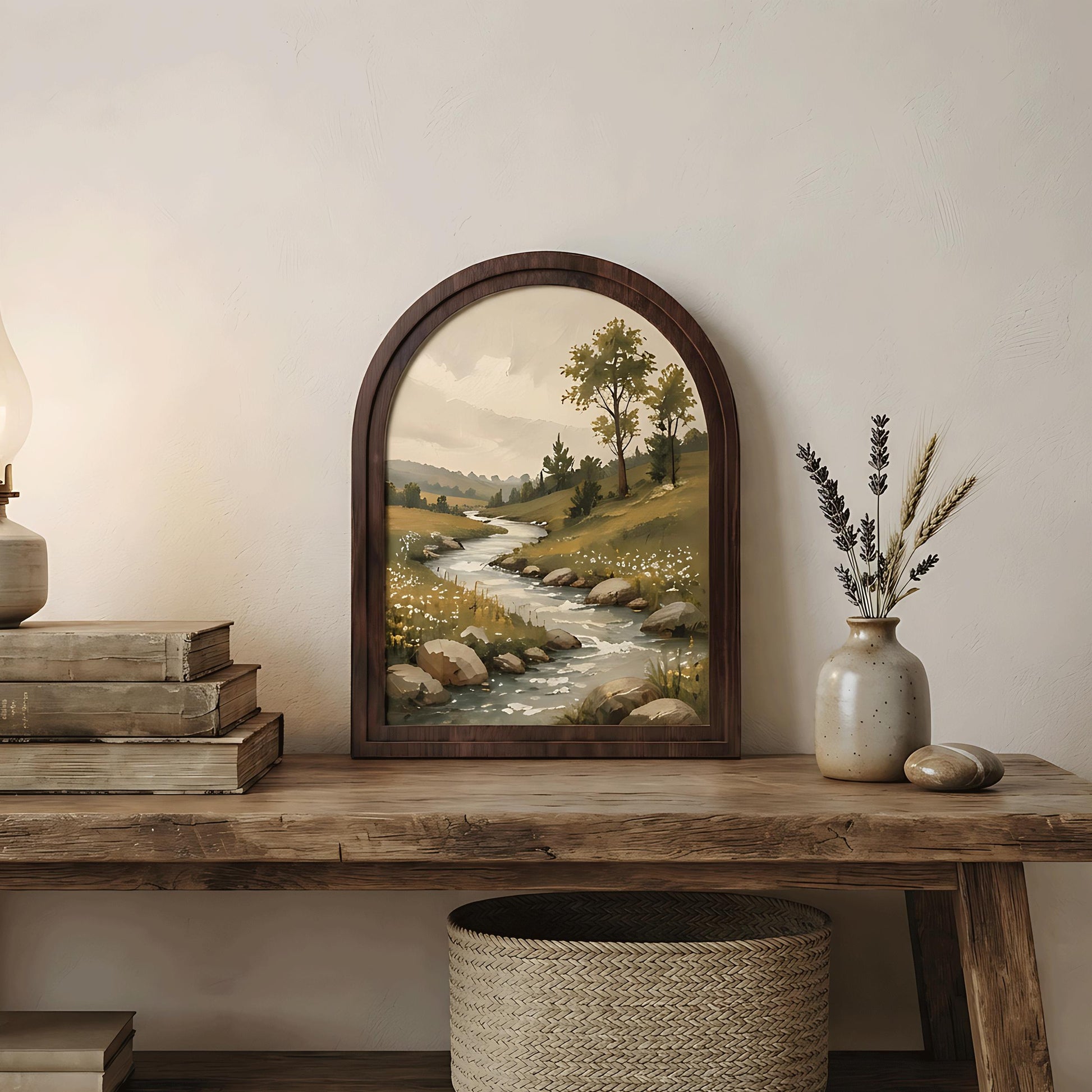 Peaceful River Landscape Wall Art, Arched Wood Framed, Rustic Countryside Painting, Serene Nature Wall Decor, Farmhouse Wall Hanging - Image 5