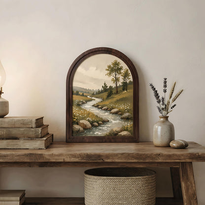 Peaceful River Landscape Wall Art, Arched Wood Framed, Rustic Countryside Painting, Serene Nature Wall Decor, Farmhouse Wall Hanging - Image 5