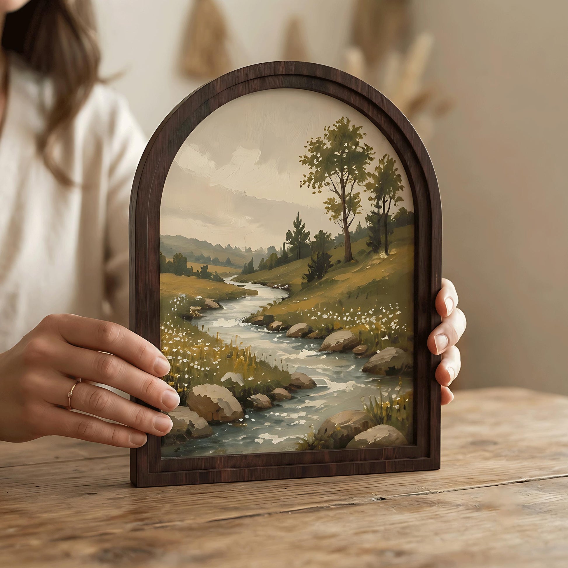Peaceful River Landscape Wall Art, Arched Wood Framed, Rustic Countryside Painting, Serene Nature Wall Decor, Farmhouse Wall Hanging - Image 4