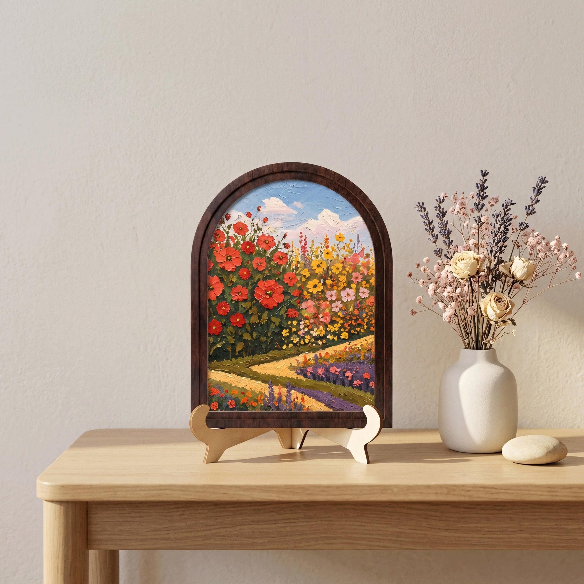 Blooming Flower Field Wall Art, Arched Wooden Frame, Colorful Botanical Landscape Print, Farmhouse Cottagecore Decor, Cheerful Home Gift - Image 6