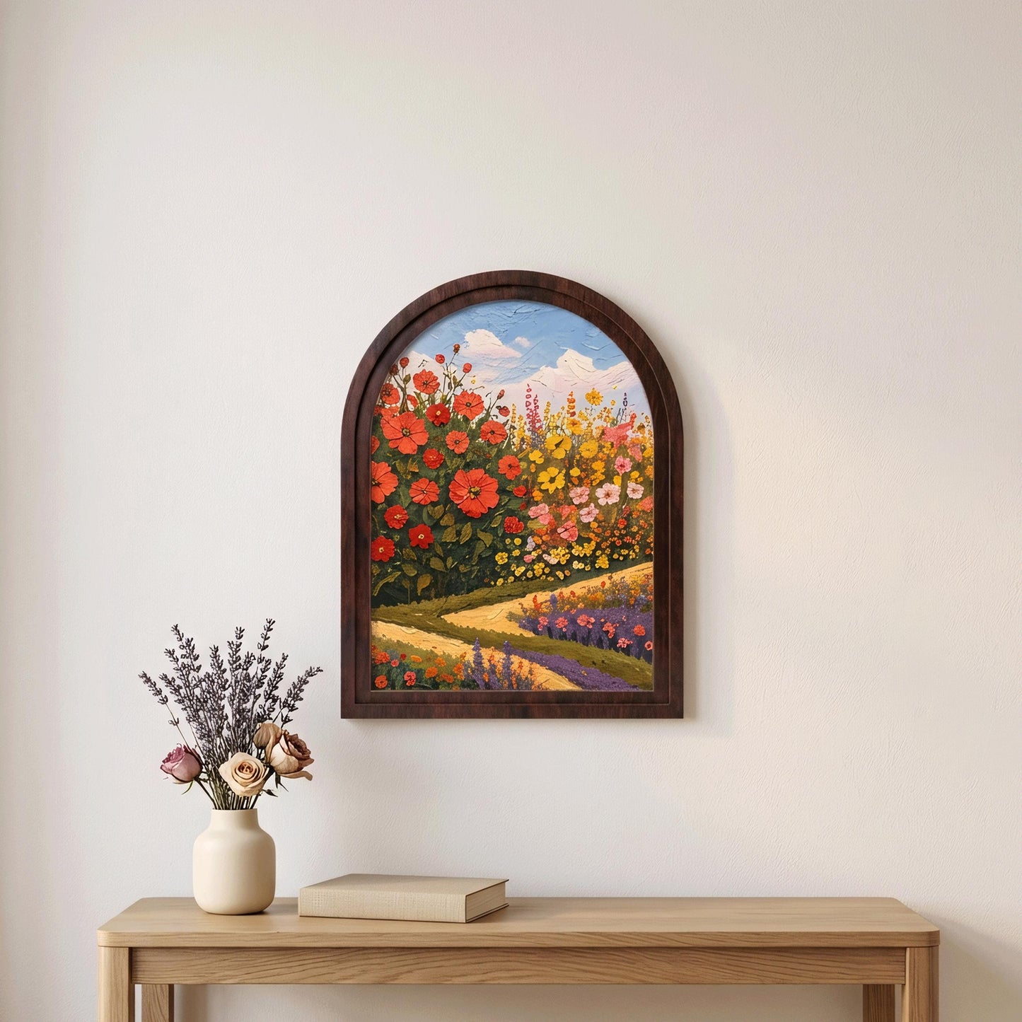 Blooming Flower Field Wall Art, Arched Wooden Frame, Colorful Botanical Landscape Print, Farmhouse Cottagecore Decor, Cheerful Home Gift - Image 5