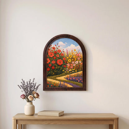 Blooming Flower Field Wall Art, Arched Wooden Frame, Colorful Botanical Landscape Print, Farmhouse Cottagecore Decor, Cheerful Home Gift - Image 5