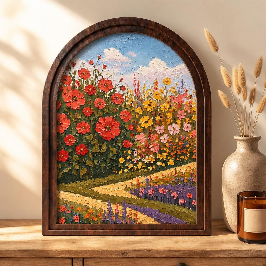 Blooming Flower Field Wall Art, Arched Wooden Frame, Colorful Botanical Landscape Print, Farmhouse Cottagecore Decor, Cheerful Home Gift - Image 1