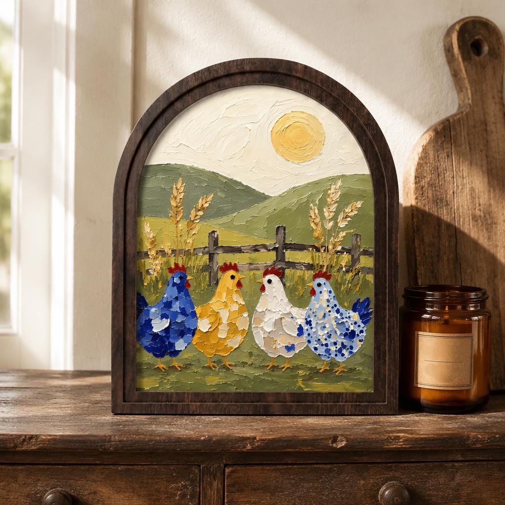 Rustic Chicken Wall Art with Wood Arched Frame, Colorful Farmhouse Hen Painting, Country Cottage Decor, Vintage Rustic Home Wall Decor - Image 3