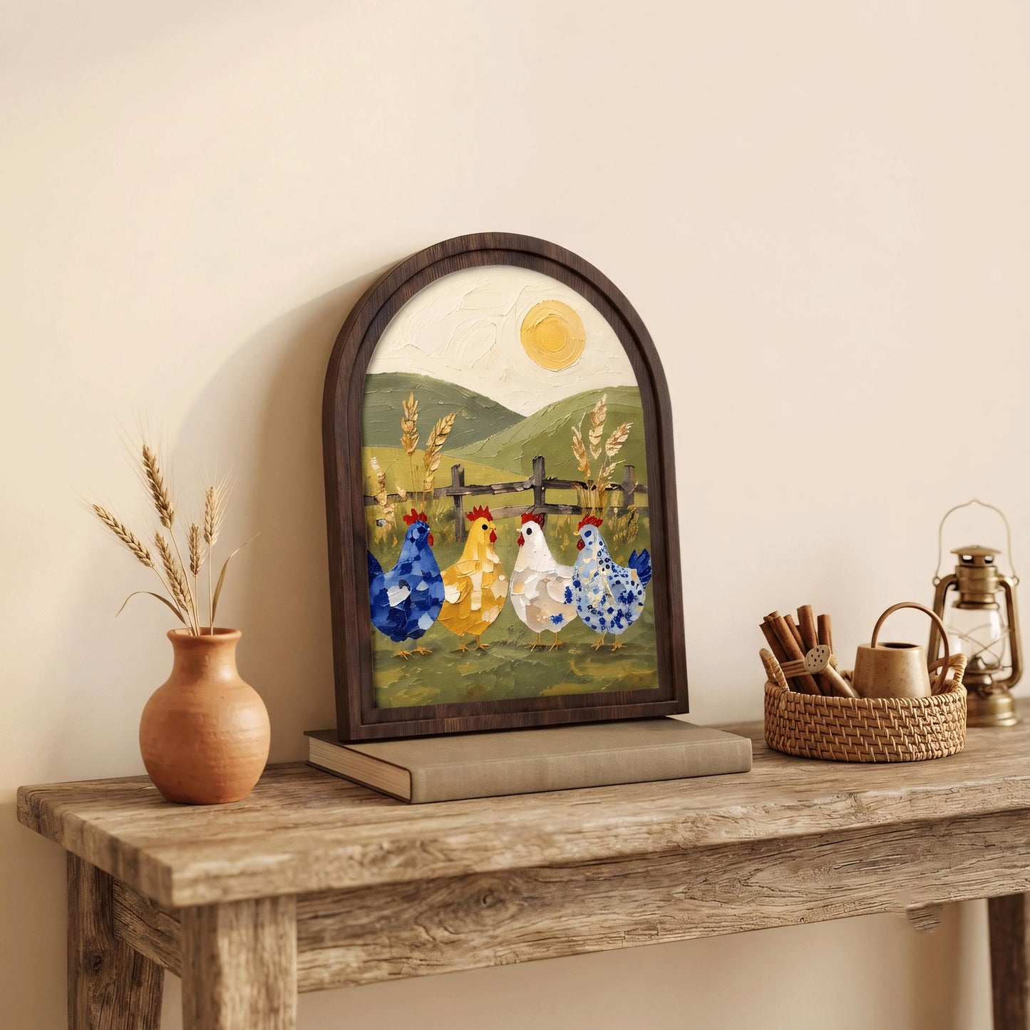 Rustic Chicken Wall Art with Wood Arched Frame, Colorful Farmhouse Hen Painting, Country Cottage Decor, Vintage Rustic Home Wall Decor - Image 5