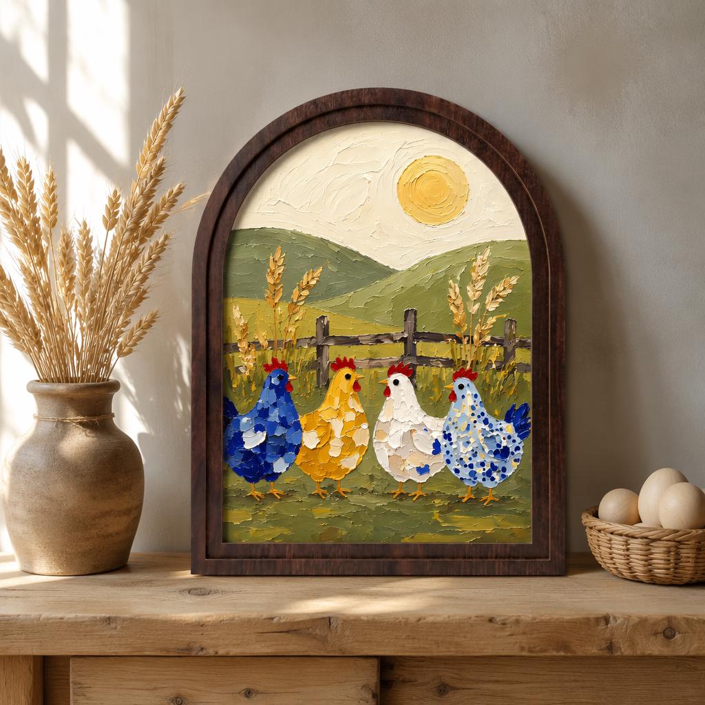 Rustic Chicken Wall Art with Wood Arched Frame, Colorful Farmhouse Hen Painting, Country Cottage Decor, Vintage Rustic Home Wall Decor - Image 1