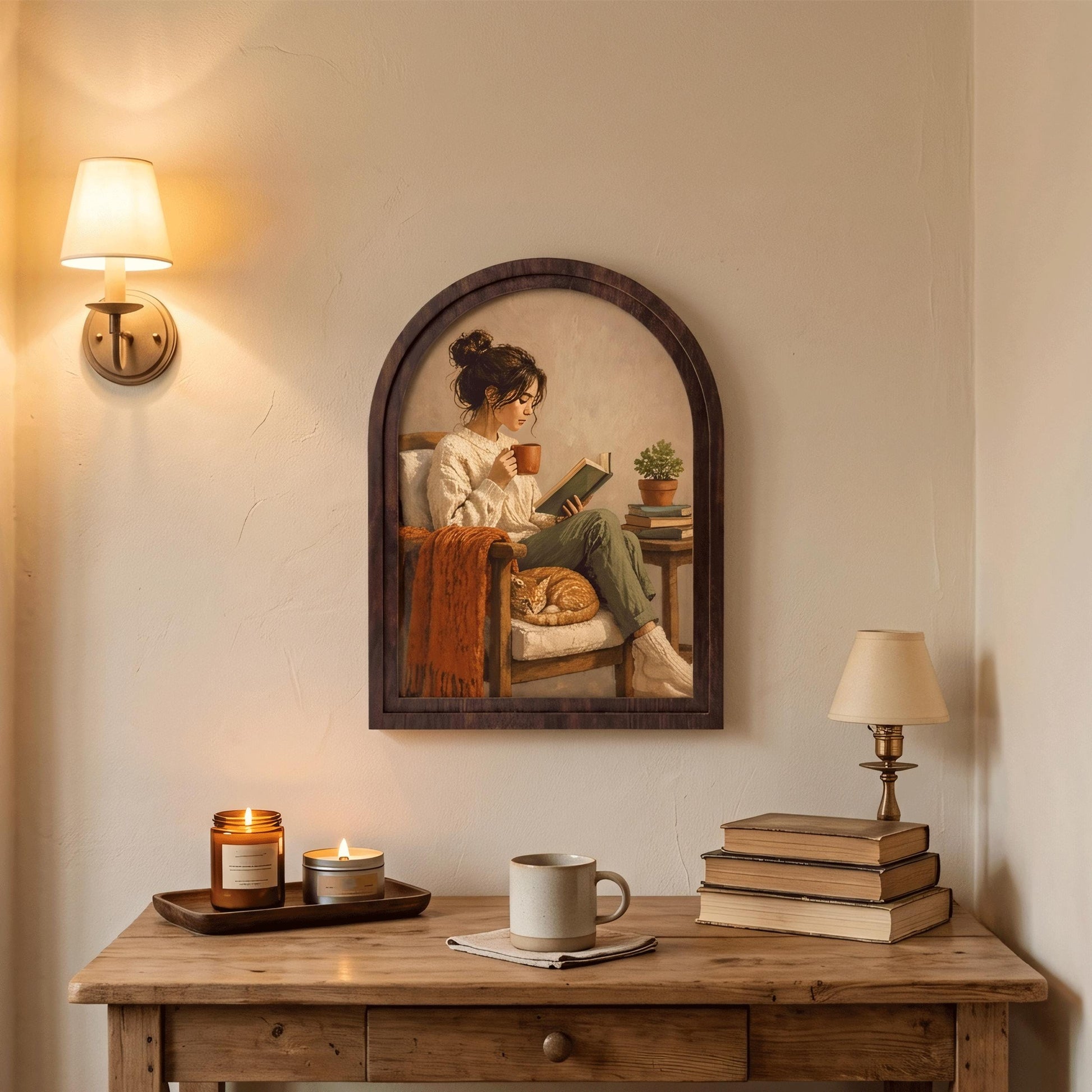 Cozy Window Reading Nook Wall Art, Sunlit Rustic Book Lover Painting in Arched Wood Frame, Cottagecore Literary Decor, Reader Gift - Image 5