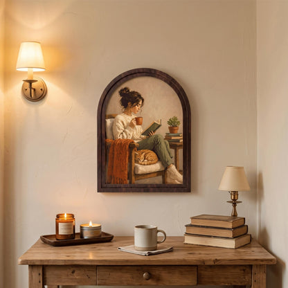 Cozy Window Reading Nook Wall Art, Sunlit Rustic Book Lover Painting in Arched Wood Frame, Cottagecore Literary Decor, Reader Gift - Image 5