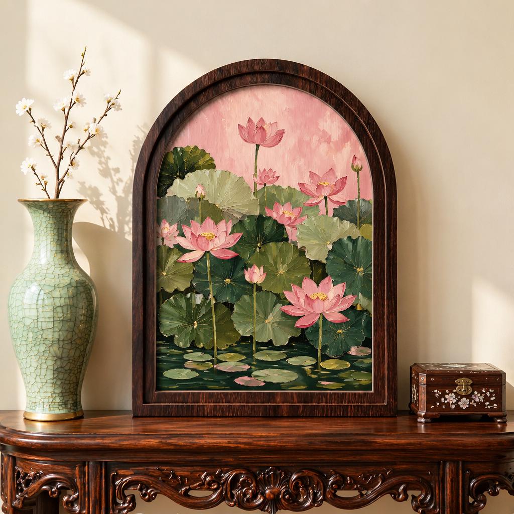 Pink Lotus Pond Wall Art, Arched Wood Framed Canvas, Elegant Botanical Floral Print, Zen Farmhouse Decor, Tranquil Nature Wall Hanging - Image 1