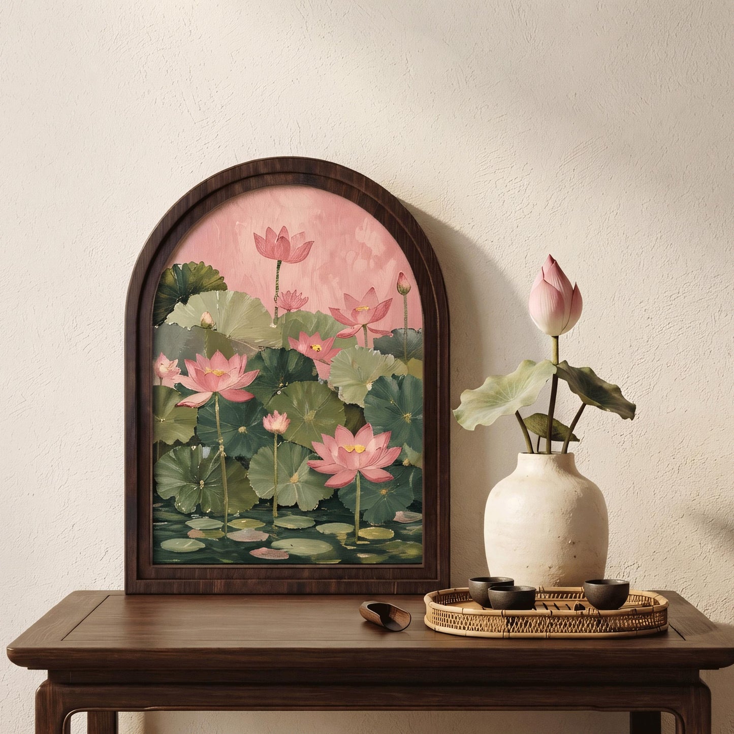 Pink Lotus Pond Wall Art, Arched Wood Framed Canvas, Elegant Botanical Floral Print, Zen Farmhouse Decor, Tranquil Nature Wall Hanging - Image 7