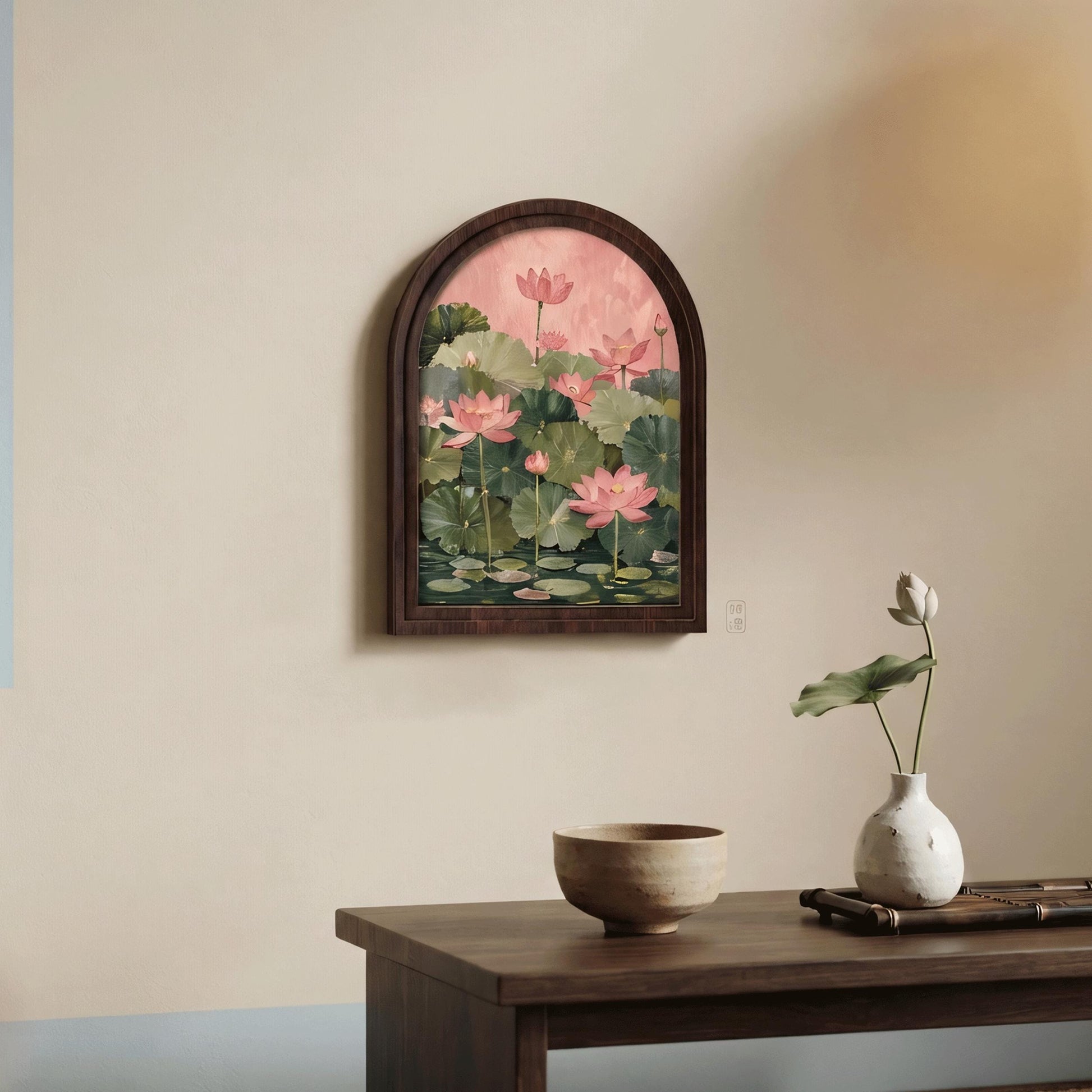 Pink Lotus Pond Wall Art, Arched Wood Framed Canvas, Elegant Botanical Floral Print, Zen Farmhouse Decor, Tranquil Nature Wall Hanging - Image 5