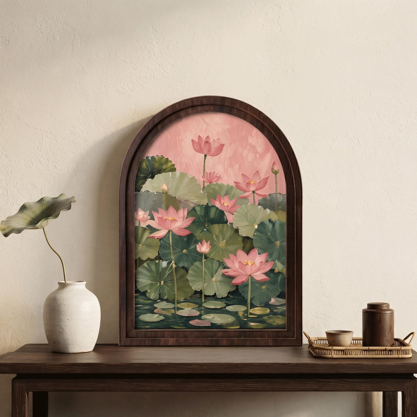 Pink Lotus Pond Wall Art, Arched Wood Framed Canvas, Elegant Botanical Floral Print, Zen Farmhouse Decor, Tranquil Nature Wall Hanging - Image 3