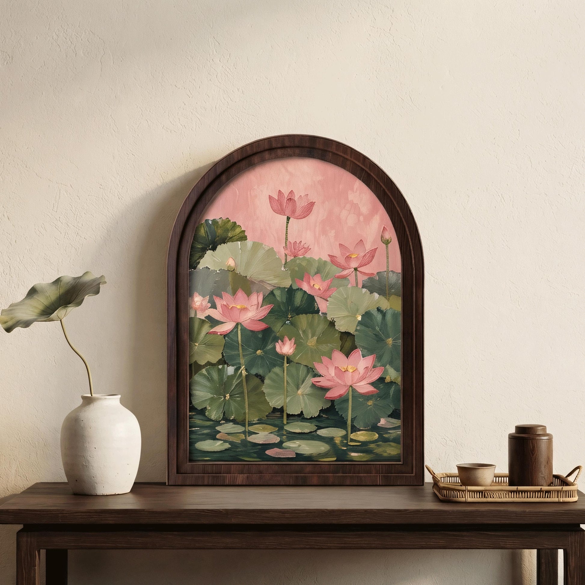 Pink Lotus Pond Wall Art, Arched Wood Framed Canvas, Elegant Botanical Floral Print, Zen Farmhouse Decor, Tranquil Nature Wall Hanging - Image 3