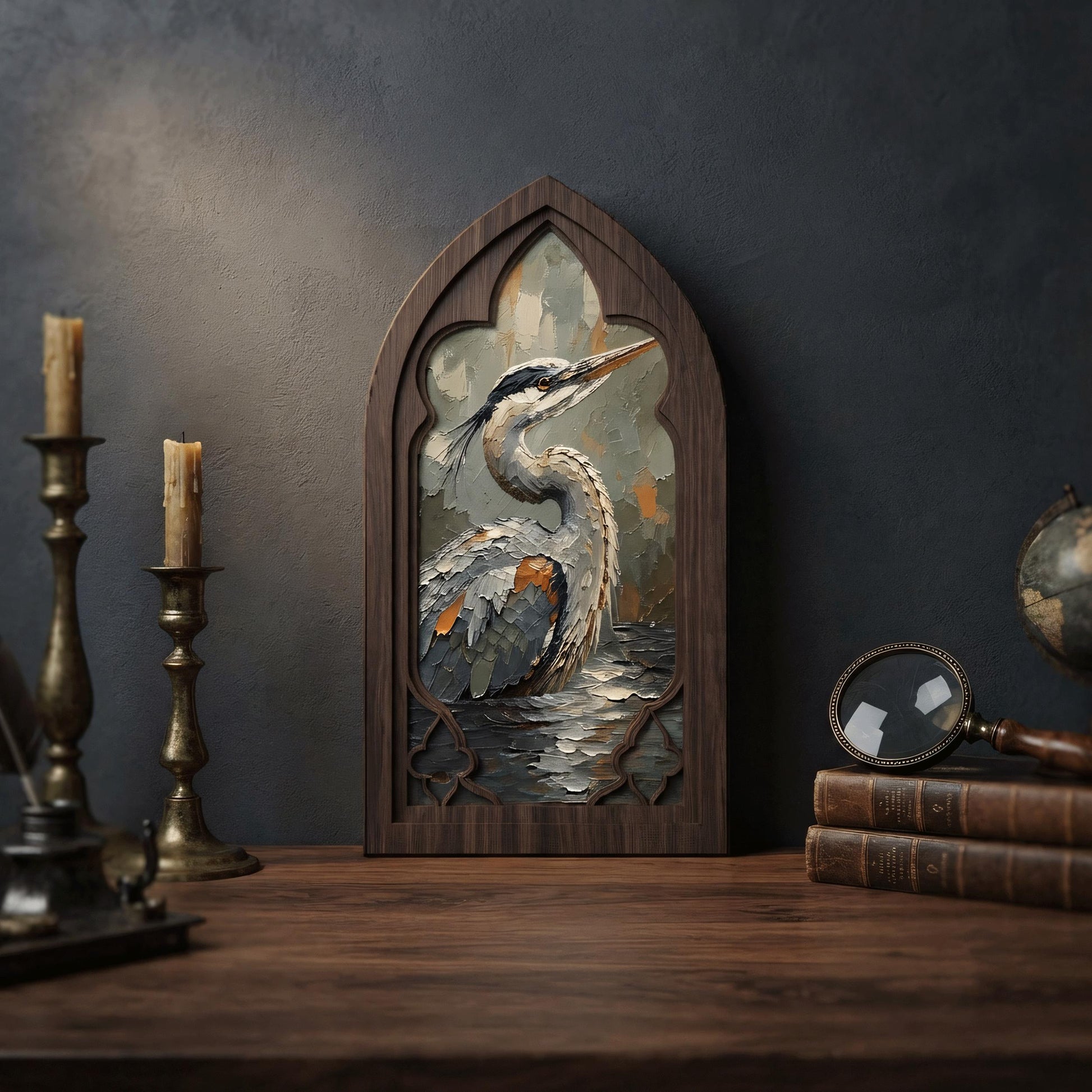 Heron Bird Wall Art, Gothic Window Wood Frame Canvas, Elegant Wildlife Painting, Lake House Decor, Bird Lover Gift - Image 4