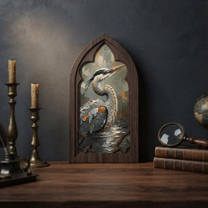 Heron Bird Wall Art, Gothic Window Wood Frame Canvas, Elegant Wildlife Painting, Lake House Decor, Bird Lover Gift - Image 4