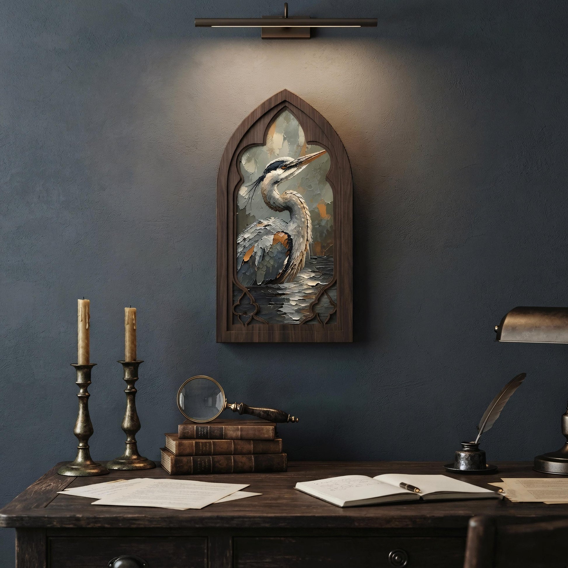 Heron Bird Wall Art, Gothic Window Wood Frame Canvas, Elegant Wildlife Painting, Lake House Decor, Bird Lover Gift - Image 6