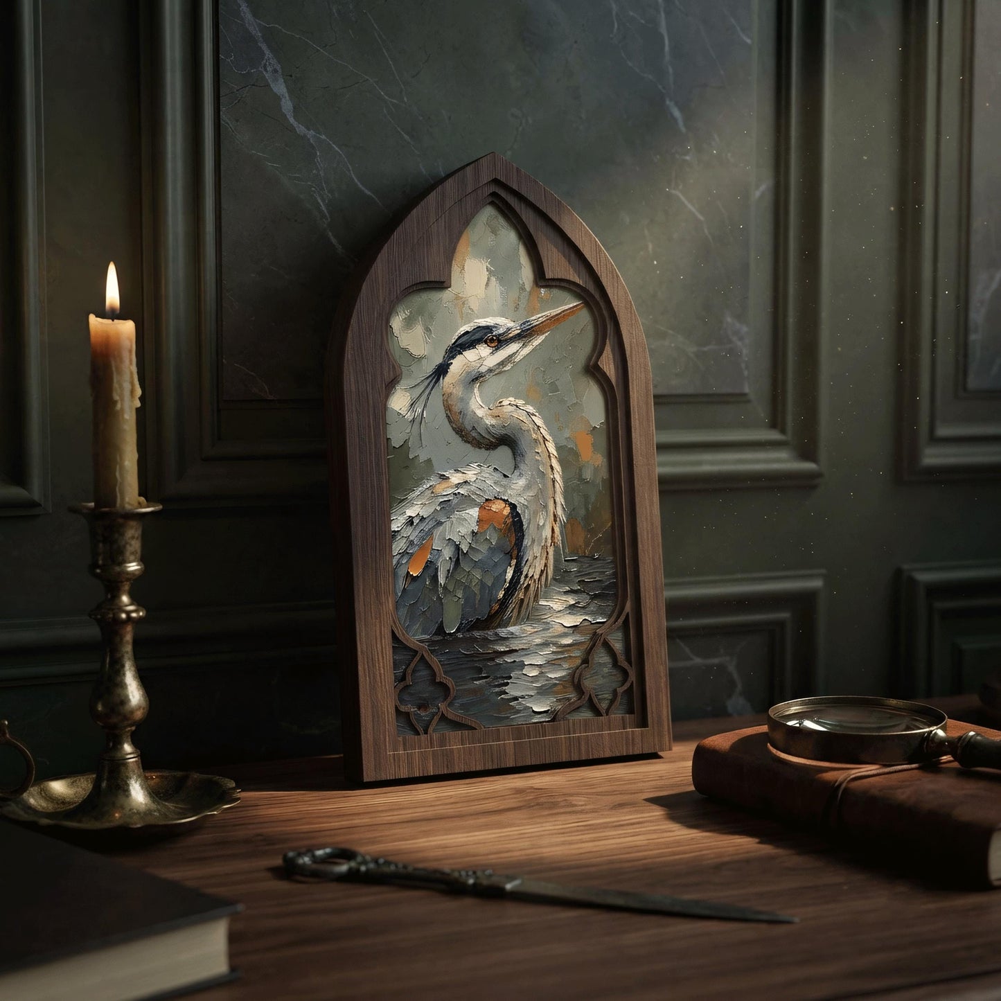 Heron Bird Wall Art, Gothic Window Wood Frame Canvas, Elegant Wildlife Painting, Lake House Decor, Bird Lover Gift - Image 3