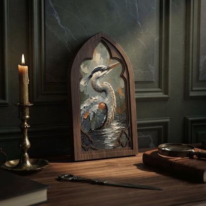 Heron Bird Wall Art, Gothic Window Wood Frame Canvas, Elegant Wildlife Painting, Lake House Decor, Bird Lover Gift - Image 3