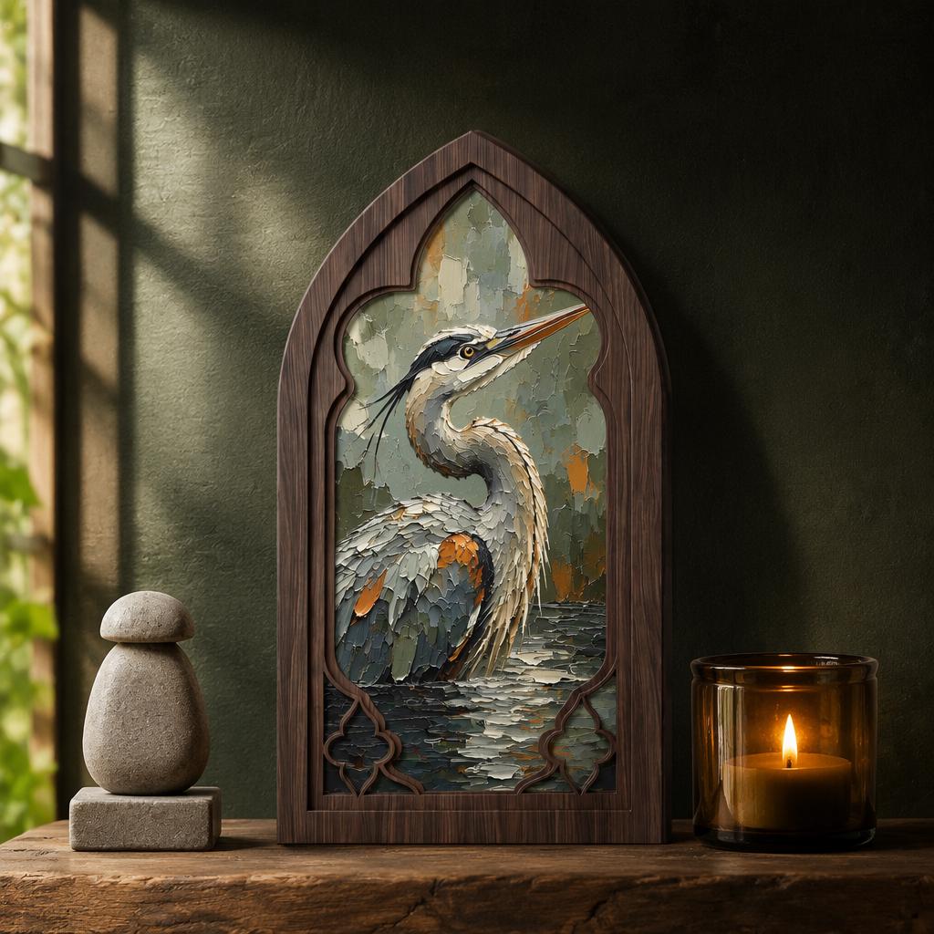Heron Bird Wall Art, Gothic Window Wood Frame Canvas, Elegant Wildlife Painting, Lake House Decor, Bird Lover Gift - Image 1