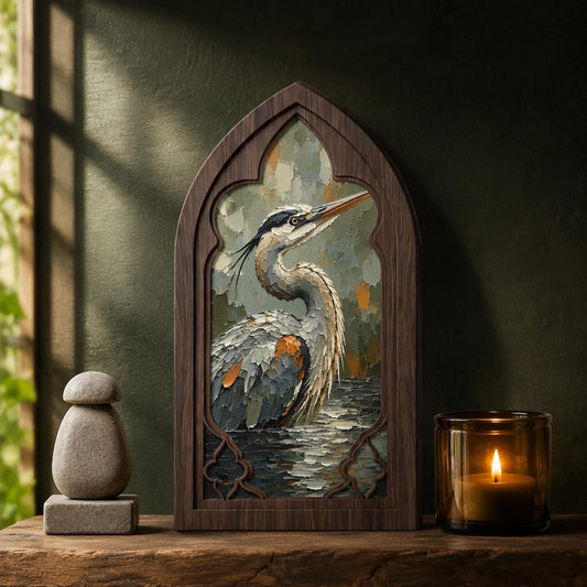 Heron Bird Wall Art, Gothic Window Wood Frame Canvas, Elegant Wildlife Painting, Lake House Decor, Bird Lover Gift - Image 1