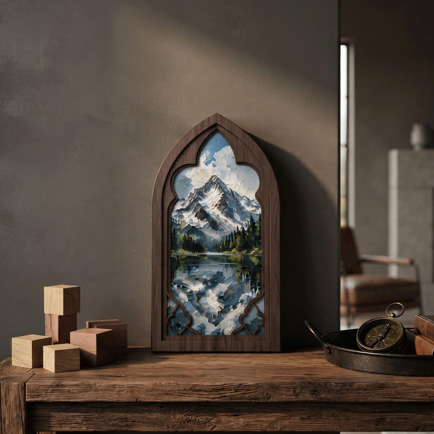 Snow Mountain Wall Art, Gothic Window Wood Frame Canvas, Lake Reflection Landscape, Rustic Mountain Home Decor, Nature Lover Gift - Image 3