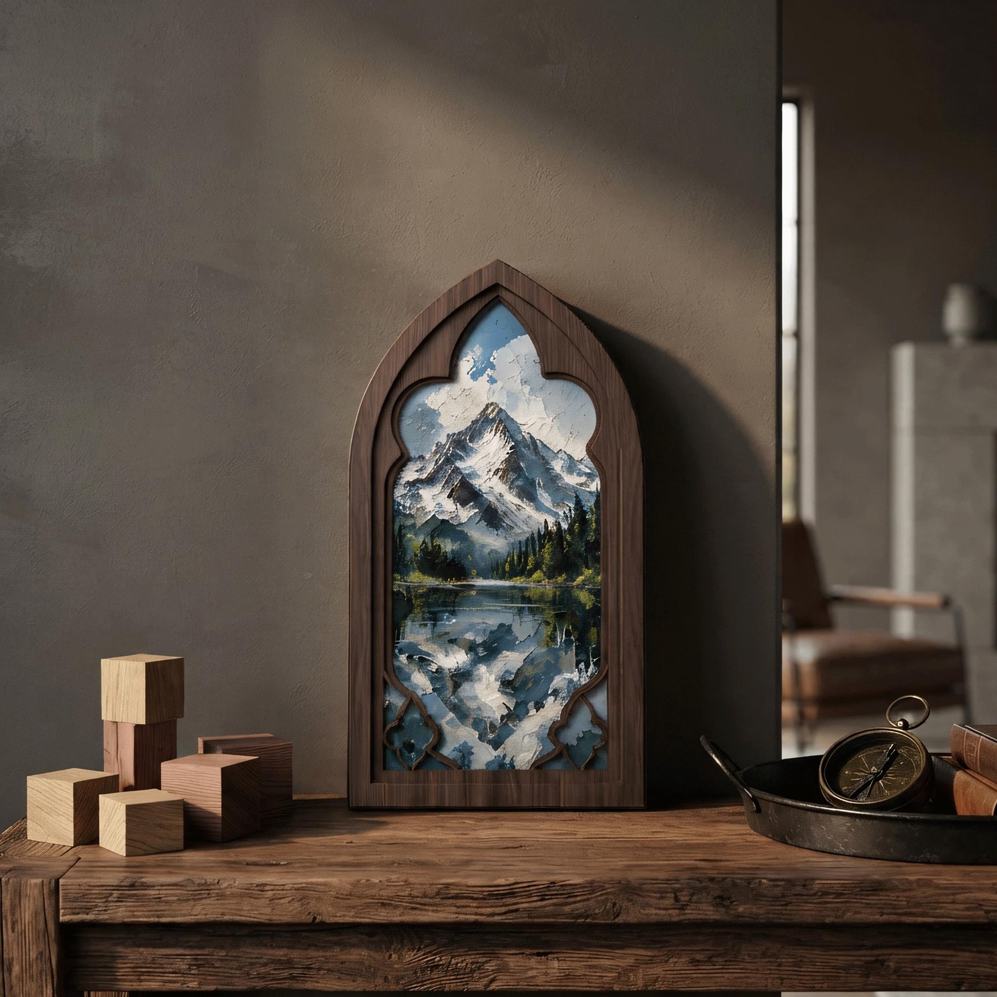 Snow Mountain Wall Art, Gothic Window Wood Frame Canvas, Lake Reflection Landscape, Rustic Mountain Home Decor, Nature Lover Gift - Image 3