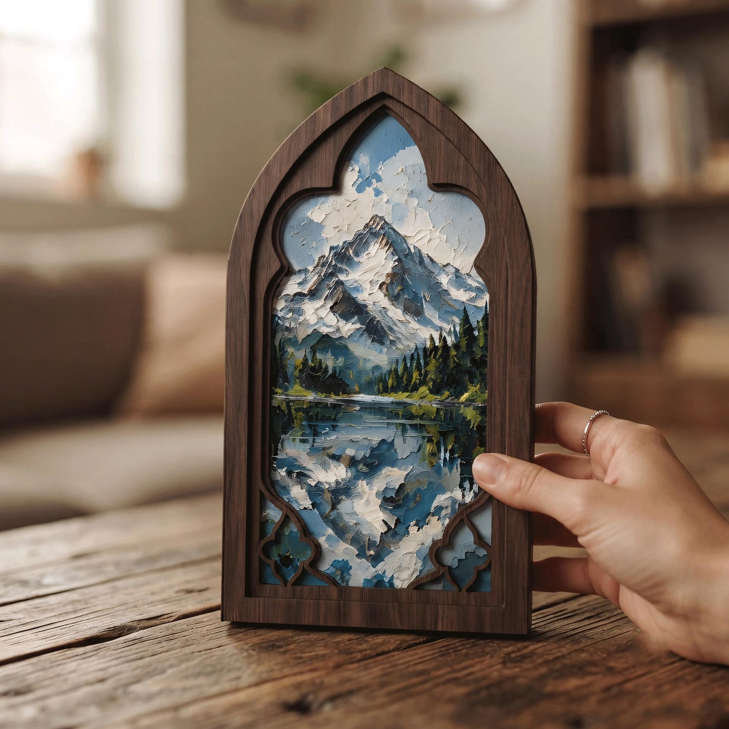 Snow Mountain Wall Art, Gothic Window Wood Frame Canvas, Lake Reflection Landscape, Rustic Mountain Home Decor, Nature Lover Gift - Image 5