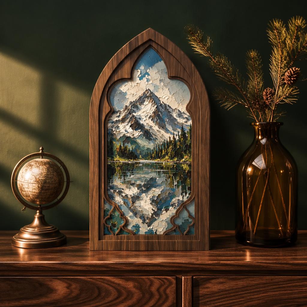 Snow Mountain Wall Art, Gothic Window Wood Frame Canvas, Lake Reflection Landscape, Rustic Mountain Home Decor, Nature Lover Gift - Image 2
