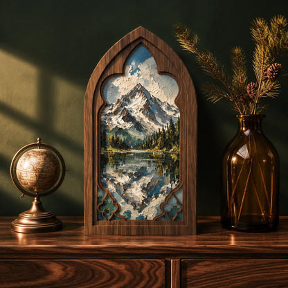Snow Mountain Wall Art, Gothic Window Wood Frame Canvas, Lake Reflection Landscape, Rustic Mountain Home Decor, Nature Lover Gift - Image 2