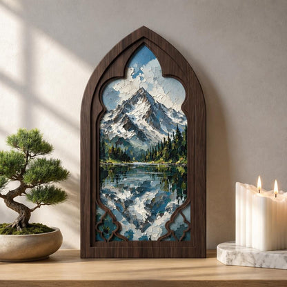 Snow Mountain Wall Art, Gothic Window Wood Frame Canvas, Lake Reflection Landscape, Rustic Mountain Home Decor, Nature Lover Gift - Image 1