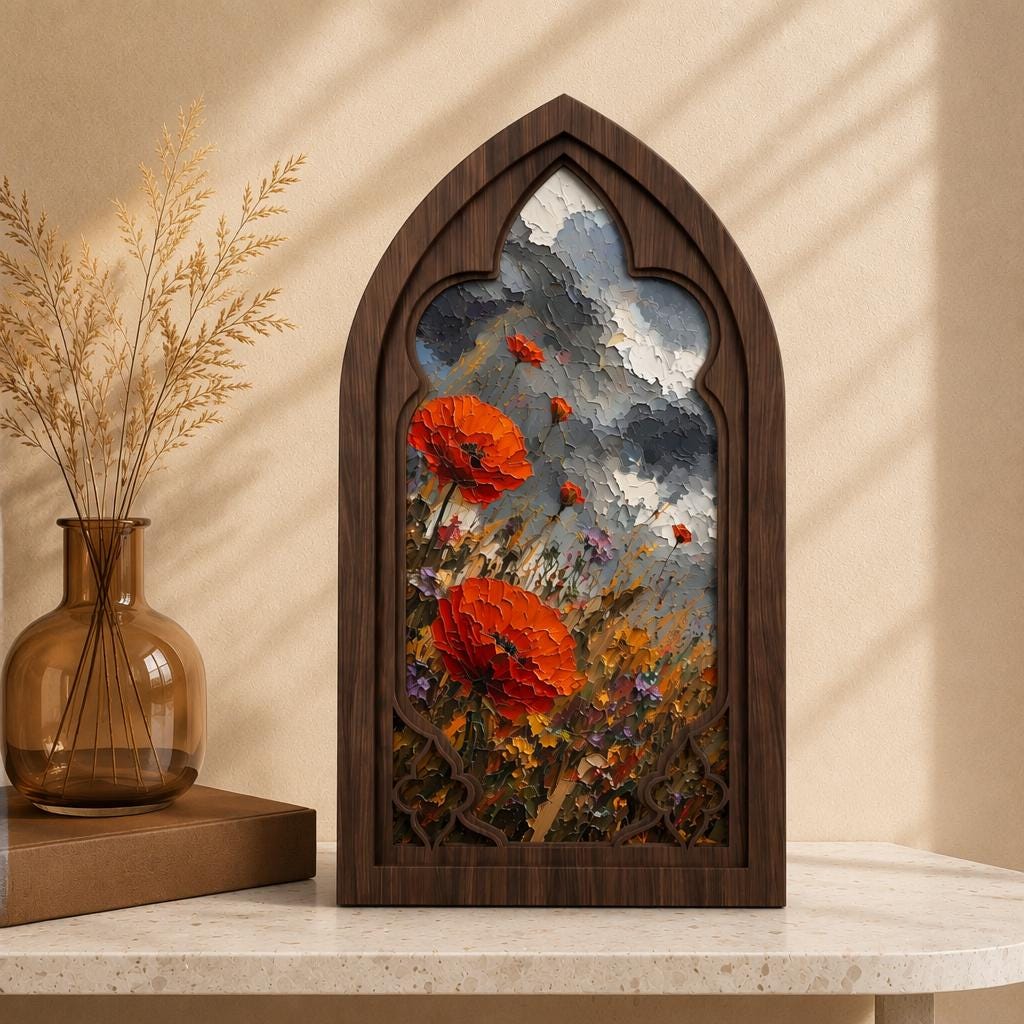 Poppy Flower Wall Art, Gothic Window Wood Framed Canvas, Vintage Botanical Painting, Cottagecore Floral Decor, Rustic Nature Wall Art - Image 1