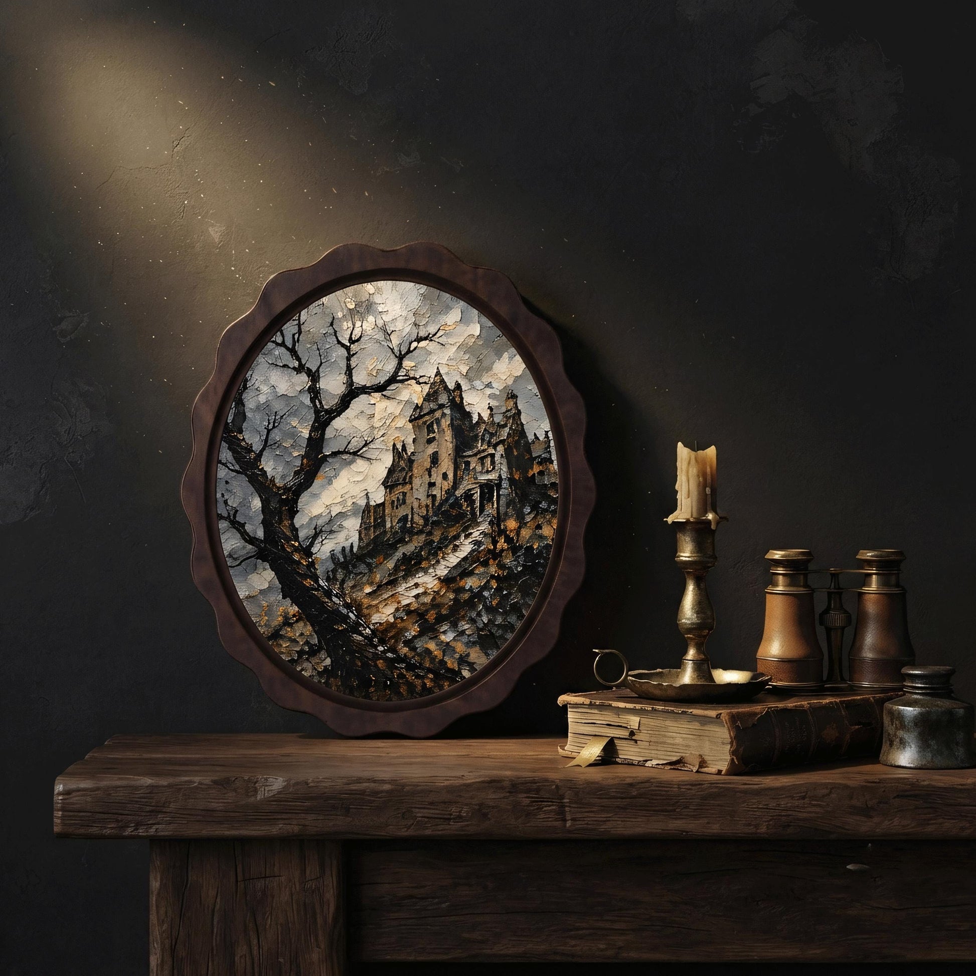 Gothic Castle Wall Art, Wavy Oval Wood Frame, Haunted Mansion Canvas Print, Moody Landscape Decor, Halloween Wall Hanging - Image 3