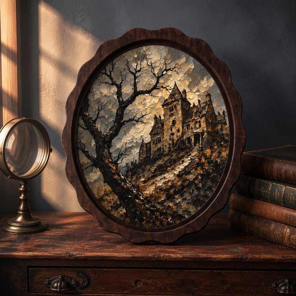 Gothic Castle Wall Art, Wavy Oval Wood Frame, Haunted Mansion Canvas Print, Moody Landscape Decor, Halloween Wall Hanging - Image 2