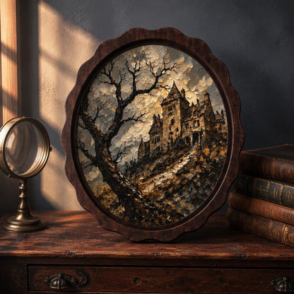 Gothic Castle Wall Art, Wavy Oval Wood Frame, Haunted Mansion Canvas Print, Moody Landscape Decor, Halloween Wall Hanging - Image 2