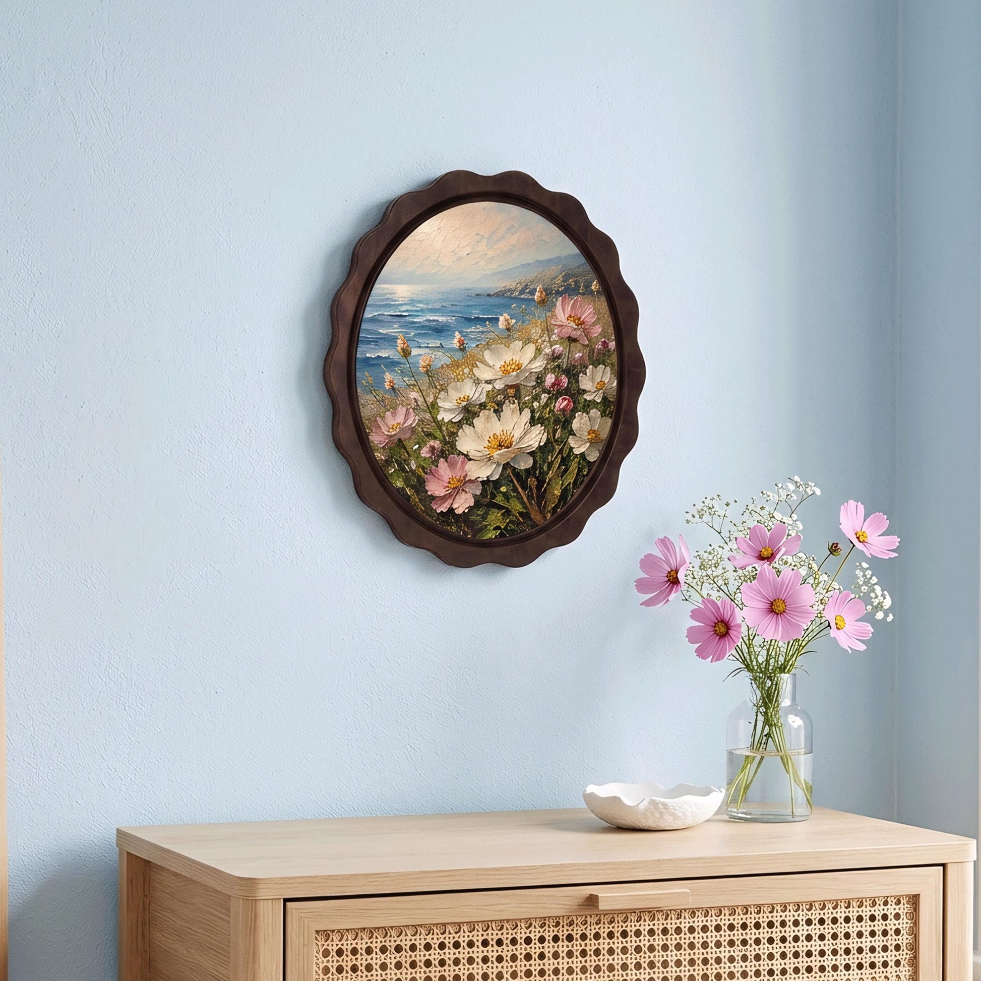 Coastal Botanical Wall Art, Wavy Oval Wood Frame, Wildflower Ocean Landscape, Rustic Beach House Decor, Nature Lover Gift - Image 7