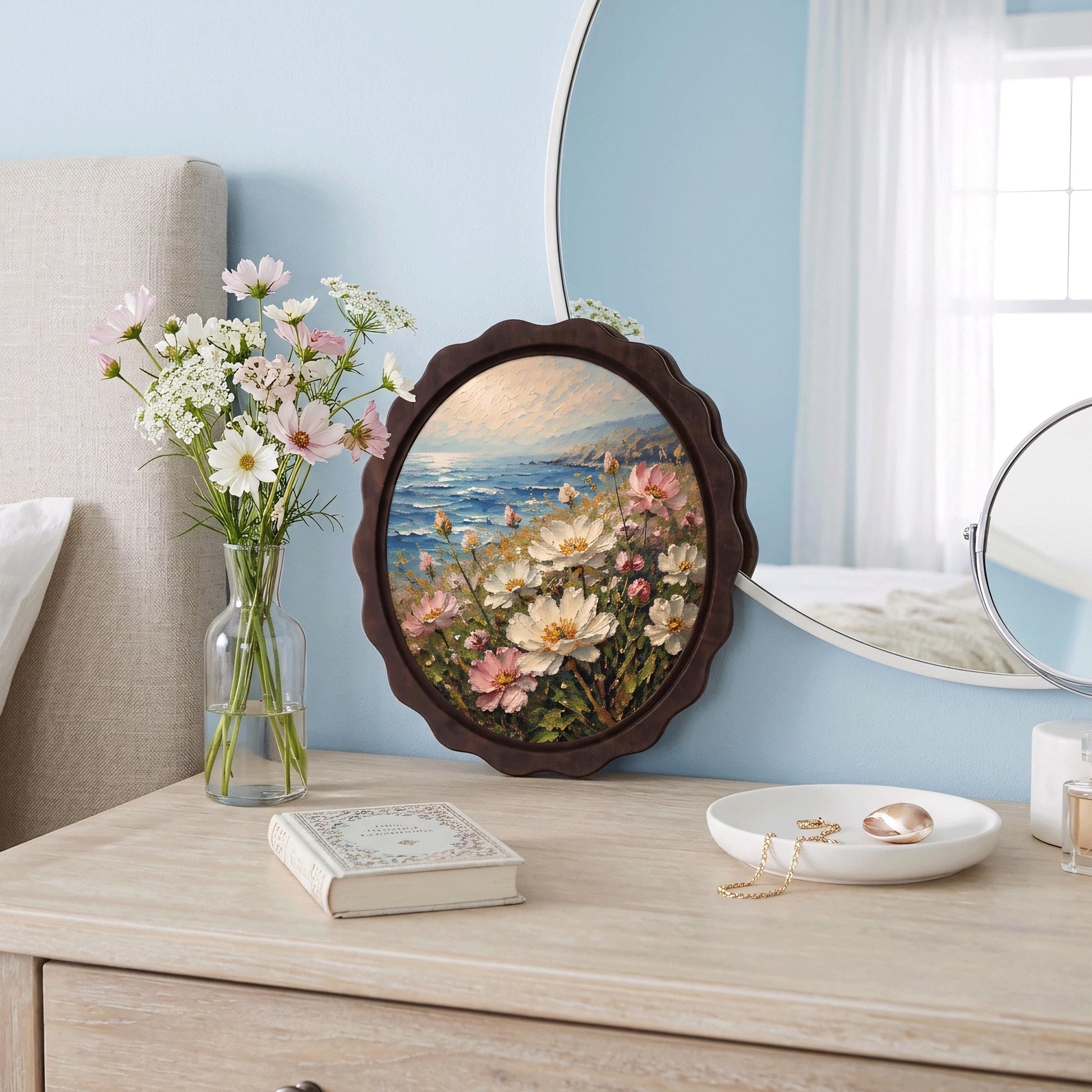 Coastal Botanical Wall Art, Wavy Oval Wood Frame, Wildflower Ocean Landscape, Rustic Beach House Decor, Nature Lover Gift - Image 5