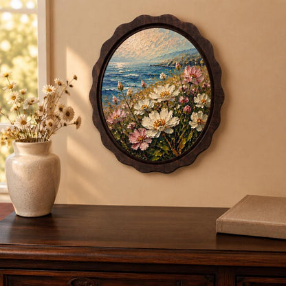 Coastal Botanical Wall Art, Wavy Oval Wood Frame, Wildflower Ocean Landscape, Rustic Beach House Decor, Nature Lover Gift - Image 3