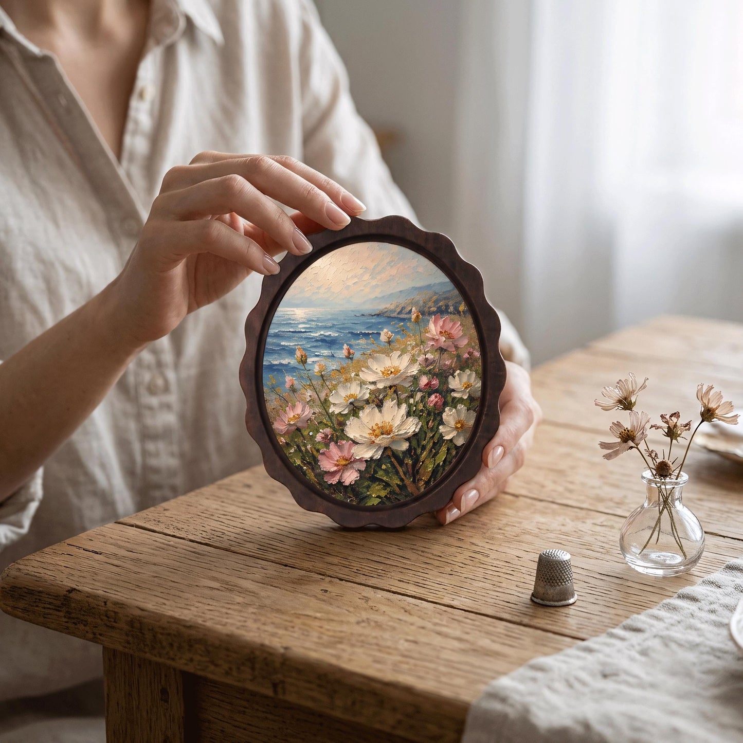 Coastal Botanical Wall Art, Wavy Oval Wood Frame, Wildflower Ocean Landscape, Rustic Beach House Decor, Nature Lover Gift - Image 6