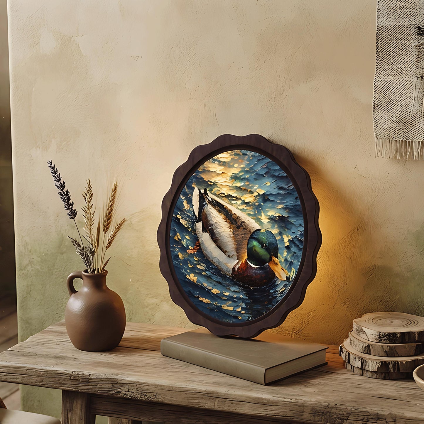 Mallard Duck Wall Art, Wavy Oval Wood Framed Canvas, Wildlife Lake Painting, Rustic Farmhouse Decor, Nature Bird Wall Art - Image 4