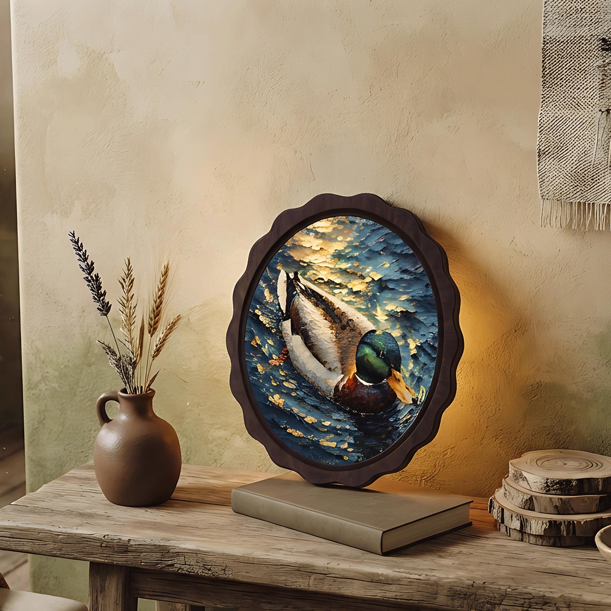 Mallard Duck Wall Art, Wavy Oval Wood Framed Canvas, Wildlife Lake Painting, Rustic Farmhouse Decor, Nature Bird Wall Art - Image 4