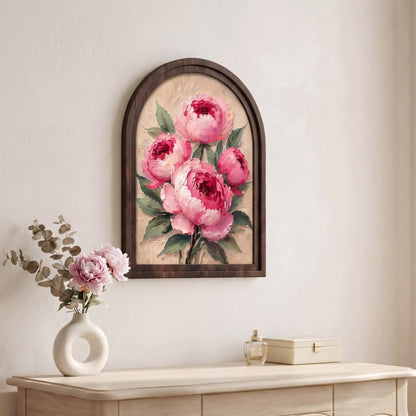 Blush Peony Bouquet Wall Art, Soft Pink Floral Painting in Arched Wood Frame, Vintage Garden Decor, Feminine Bedroom Artwork, Home Accent - Image 2